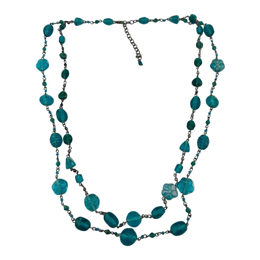 Teal Bubble Glass Flower Bead Double Strand Bronze Tone 31” Station Necklace